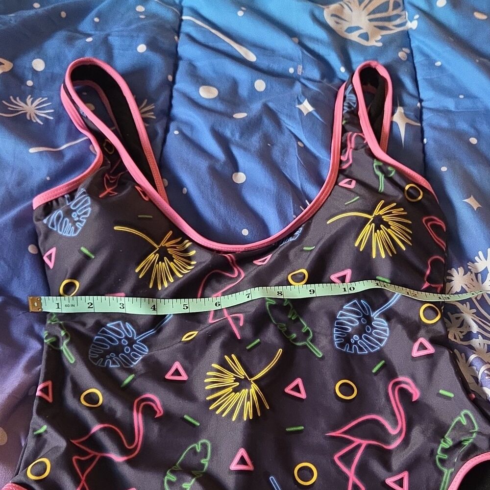 Undercurrent Tropical Multicolor One Piece Swimsuit Wide Straps Lined M Flamingo - Picture 2 of 4
